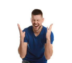 Angry man yelling on white background. Hate concept