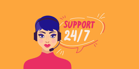 A girl in headphones with a microphone. Customer service operator. Online help.