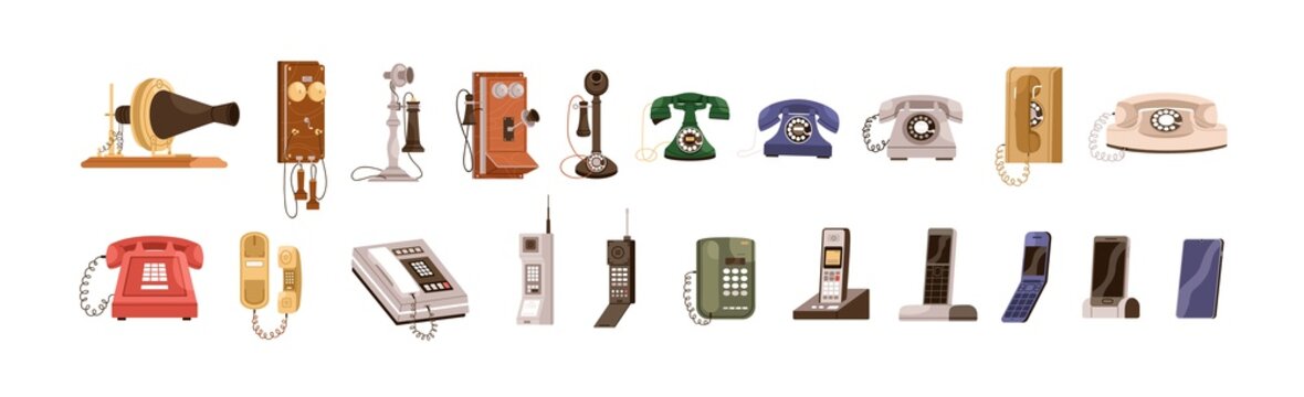 Phone evolution from old vintage telephones to modern wireless devices. Realistic communication gadgets of different generations. Colored flat graphic vector illustration isolated on white background