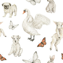 Watercolor seamless pattern with cute farm animals and butterfly. Adorable swan, dog, pug, schnauzer, lamb. White rural pets