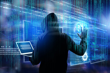 Man in hood with laptop and digital code on dark background. Cyber attack concept