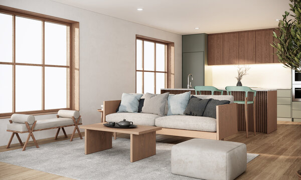 Fototapeta Japandi style apartment. room interior design with wooden furniture. 3d rendering background