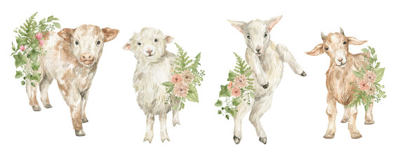 Watercolor cute farm animals and bouquets with greenery. Little lamb, sheep, goat, calf, cow. Adorable animals, rural mammal, domestic pet.