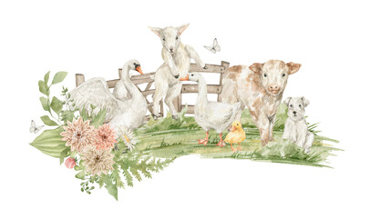 Watercolor rural scene with green field, fence, swan, goose, lamb, calf, dog, floral arrangement, leaves, butterfly. Outdoor village composition. Summer landscape illustration © Kate K.