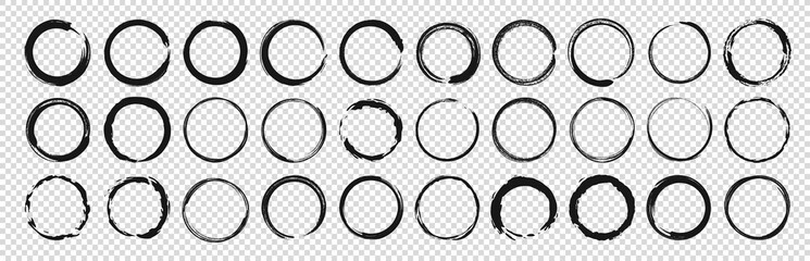 Set of circle brushes elements. Different circle brush strokes. Grunge round shapes. Boxes, frames for text, labels, logo, grunge. Vector illustration.