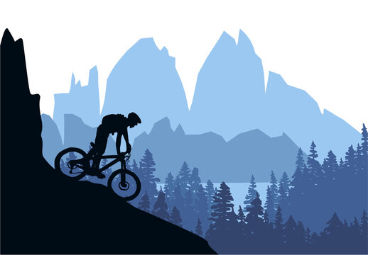 Silhouette of mountain bike rider in wild nature landscape. Mountains, forest and lake in background. Blue illustration.