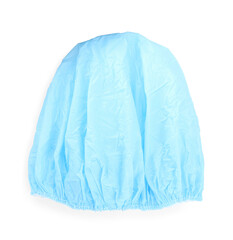 Light blue shower cap isolated on white, top view