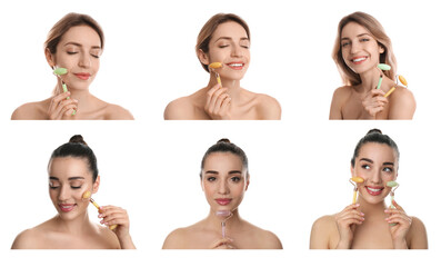Young women using face roller on white background, collage
