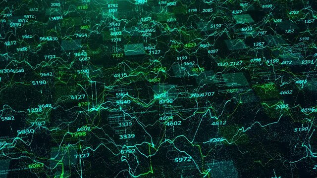Technological background with the analytics and statistics data with graphs on black background. Animation. Green and blue changing graphics and numbers.