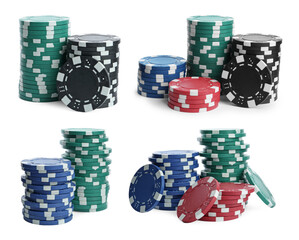 Set with stacks of different casino chips on white background. Poker game