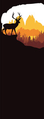 Vertical banner of deer with antlers posing on the top of the hill with mountains and the forest in background. Silhouette with orange and brown background, illustration. Bookmark. Text insert.