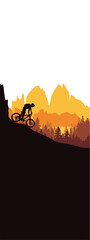 Vertical banner with mountain bike rider in wild mountain nature landscape. Orange, black and white illustration. Bookmark. Text insert. 