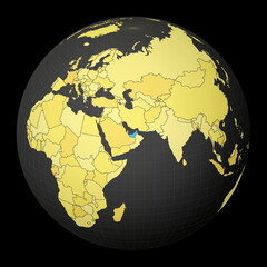 UAE on dark globe with yellow world map. Country highlighted with blue color. Satellite world projection centered to UAE. Astonishing vector illustration.