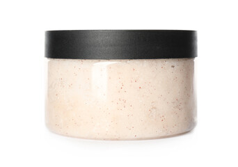 Body scrub in jar isolated on white