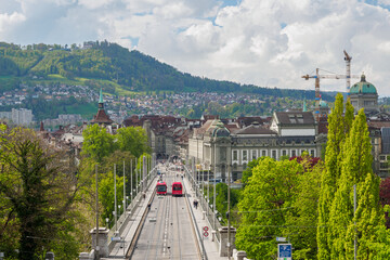 Public transport. Red buses in the city of Bern, Canton Bern, Switzerland