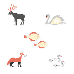 Set of raindeer, bird, fox, fish vector cartoon illustration isolated on white, Simple flat symbol, silhouette icon, decorative mammal sign for design zoo alphabet, advertising, protection of animal