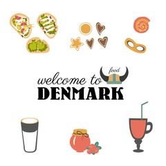 Set of traditional danish food, sea sandwich, ginger cookies, bun, jam, cocktail vector cartoon flat illustration isolated on white, decorative colorful symbol sea food, sign for design restaurant