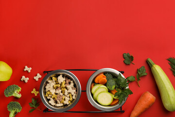 Pet food and natural ingredients on red background, flat lay. Space for text