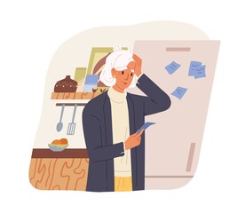 Old woman suffering from dementia or Alzheimer's disease. Memory loss and brain problems concept. Senior person with notes and reminders. Colored flat vector illustration isolated on white background