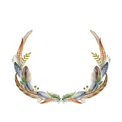 Fototapeta premium Floral natural boho style wreath. Watercolor illustration. Elegant seasonal rustic decor from fern, leaves, forest herbs. Hand drawn forest wreath. Festive boho eco style decoration. White background