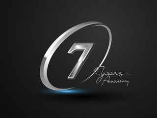 7 Years Anniversary Celebration. Anniversary logo with ring and elegance silver color isolated on black background, vector design for celebration, invitation card, and greeting card