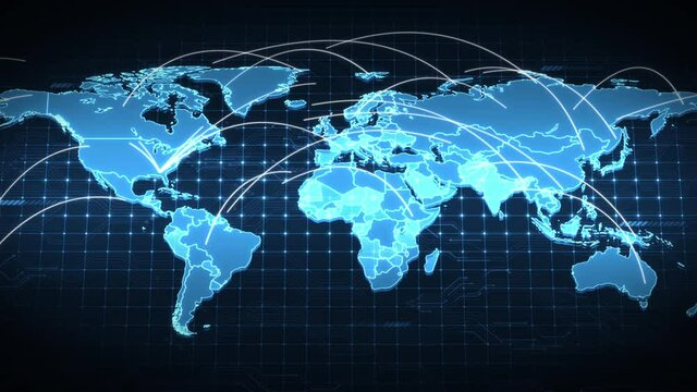 Blue World Political Map Background. Global data transfer lines with digital signals concept animation