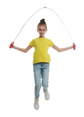 Cute little girl with jump rope on white background