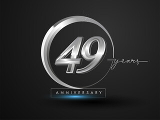 49 Years Anniversary Celebration. Anniversary logo with ring and elegance silver color isolated on black background, vector design for celebration, invitation card, and greeting card