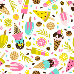 Ice cream seamless pattern. Trendy modern vector hand-drawn illustrations of frozen sweets in different form with candies chocolate and fruits. Childish summer theme. Scandinavian naive cartoon style.