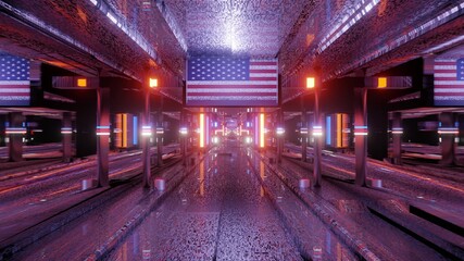 3d illustration of 4K UHD corridor with American flag