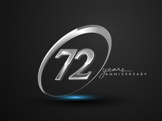 72 Years Anniversary Celebration. Anniversary logo with ring and elegance silver color isolated on black background, vector design for celebration, invitation card, and greeting card