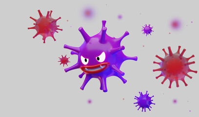 3D rendering illustration of virus characters some are out of focus with some particles on white background, concept illustration
