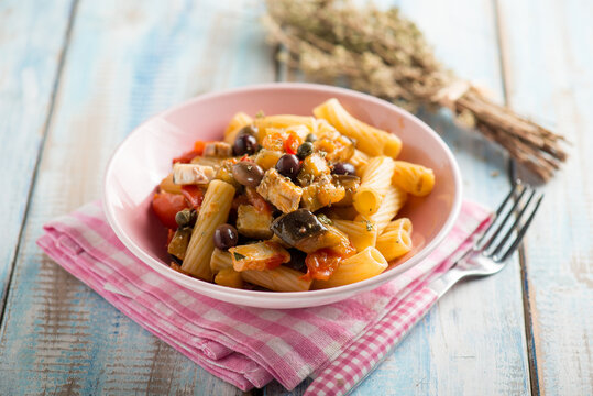 pasta with swordfish eggplants tomatoes and black olives