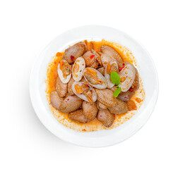 Stir Fried Clams with Chili Paste on plate ,isolated on white background ,include clipping path