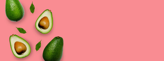 pink banner with avacado on the side, avocado and leaves