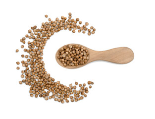 dried coriander seeds in wooden spoon isolated on white background