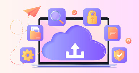 Banner with upload sign on laptop screen. Torrent data piracy from servers. File transfer and sharing. File transfer. Program for remote connection. Database with cloud server, process, classification