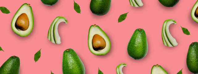 horizontal banner with avcado, flat view, lot of avocado on pink background