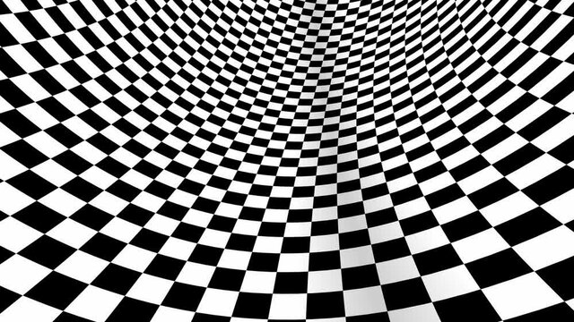 4k Seamless loop. Abstract black and white three dimensional geometrical wormhole motion graphics. Checker optical illusion. Black and white optical illusion tunnel. Surrealism checker moving.