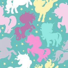 Seamless vector pattern with unicorns on turquoise
