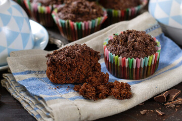 Chocolate muffins with chocolate chips and chocolate streusel