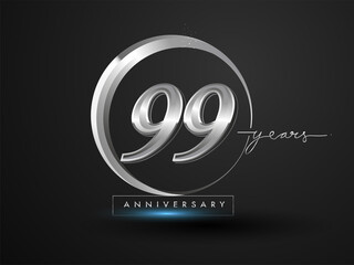 99 Years Anniversary Celebration. Anniversary logo with ring and elegance silver color isolated on black background, vector design for celebration, invitation card, and greeting card