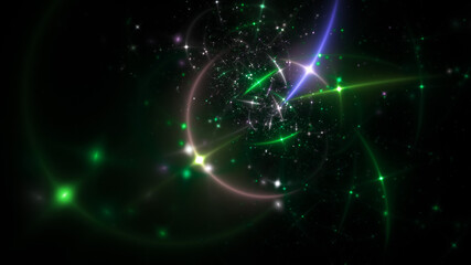 Abstract green and blue stars. Colorful space background with fantastic light effect. Digital fractal art. 3d rendering.