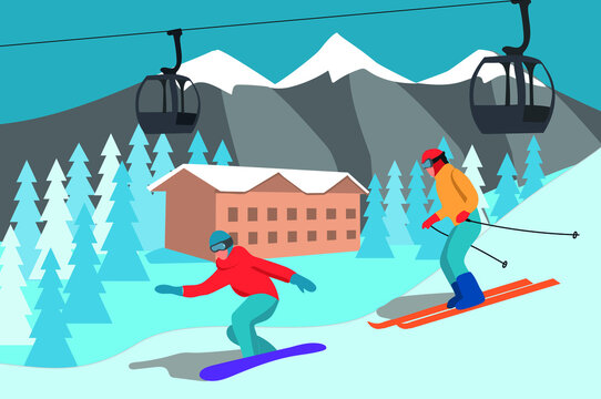 
vector image of winter landscape with skiers and snowboarders