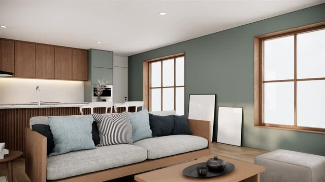 interior of japandi style room with furniture. modern apartment design. 3d video 4k animation