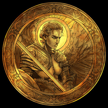 A gold coin with the image of a handsome male angel with a shield and sword in plate armor but with an open torso, with a pattern on the squares, it glitters beautifully on a black background. 2d 