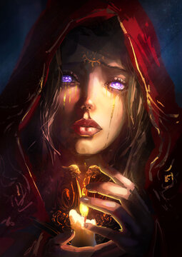 A Young Cute Girl With Purple Eyes Is Crying Sensually Looking Straight At The Viewer Holding A Burning Candle In Her Hands, She Is Wearing A Red Hood, On Her Face Gold Patterns 2d Illustration