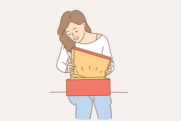 Present, gift and surprise concept. Young surprised positive girl cartoon character sitting opening birthday present red box feeling curious vector illustration 