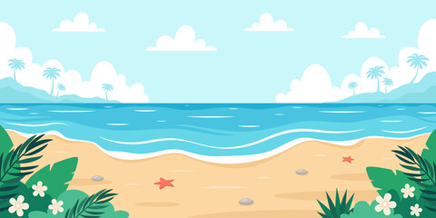 Fototapeta na wymiar Beach landscape. Seashore with sea star, palms, sea pebbles and tropical plants. Vector illustration