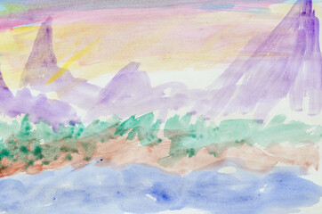 DIY, learning to draw, hobbies. Paint a picture on paper. Step 7: Drawing the mountains.